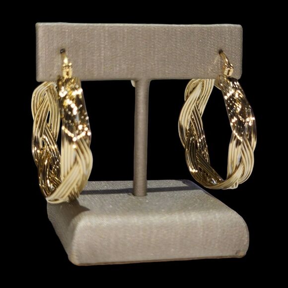 Gold Plated Hoop Earrings Woven Twisted Hoop Earrings 1.2in Diameter - Picture 9 of 12